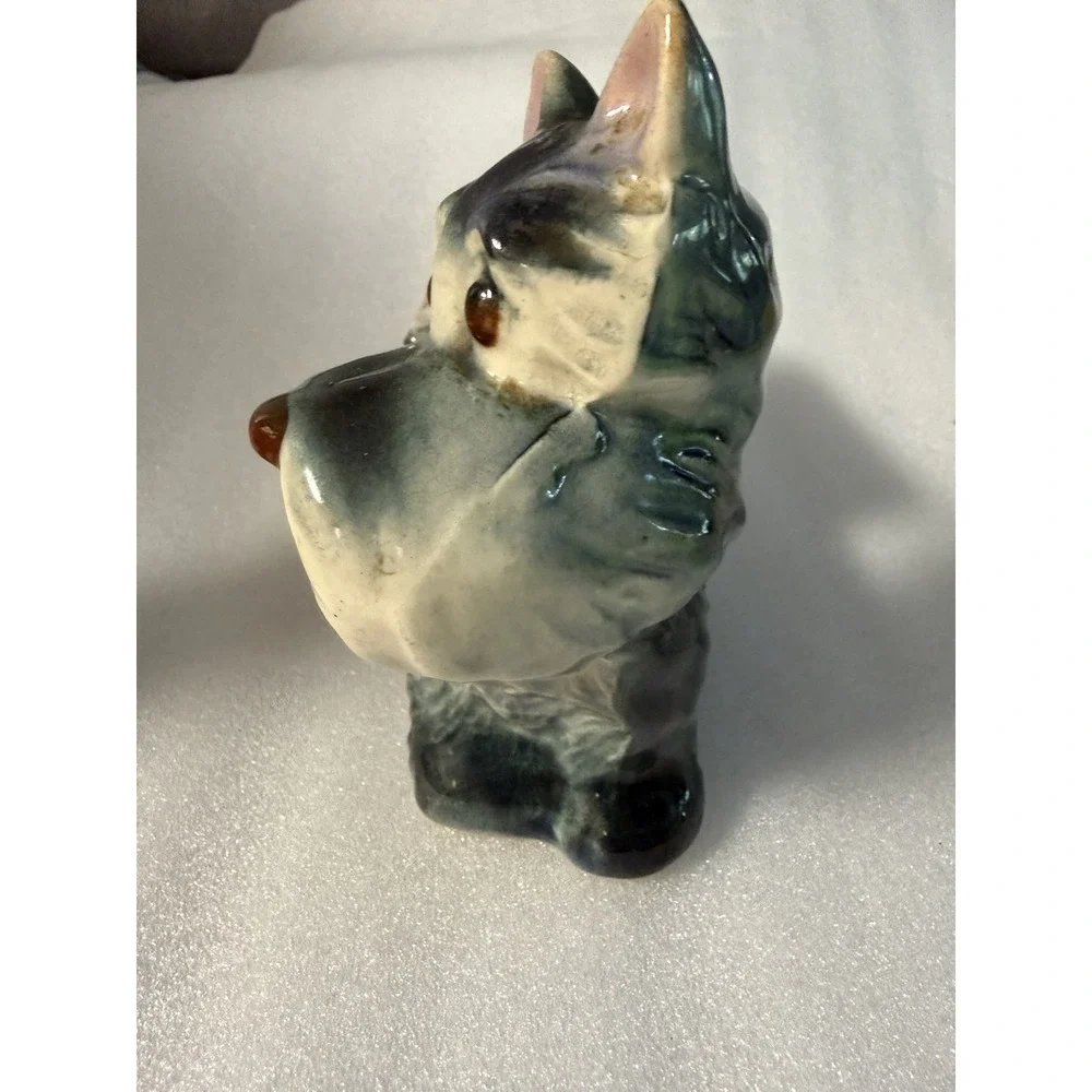 Vintage Ceramic Scottie Dog Planter Pulling Red Cart Wagon Green Wheels 6
